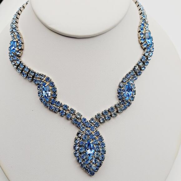 Stunning Baby Blue Marquis Rhinestone Necklace & Bracelet Set Statement Parure - Picture 2 of 16